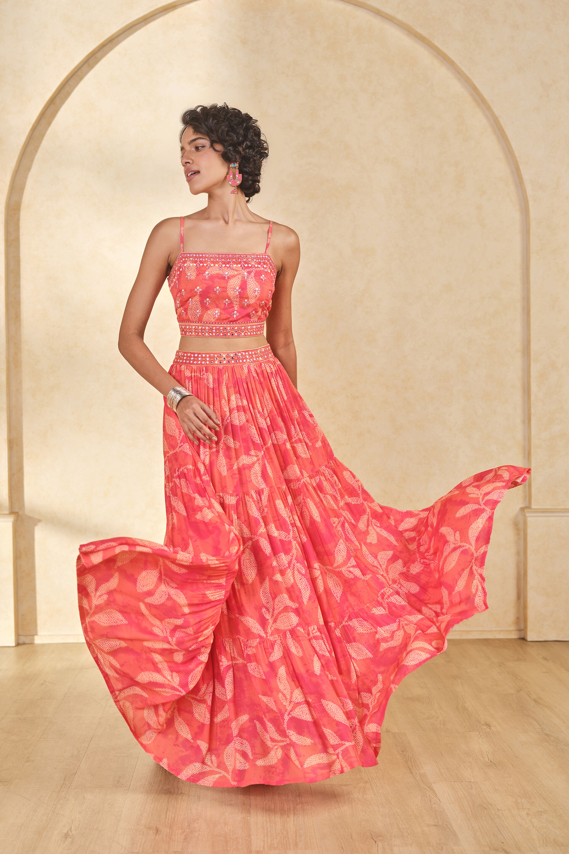 Leafy Print Skirt Set, Coral, image 5